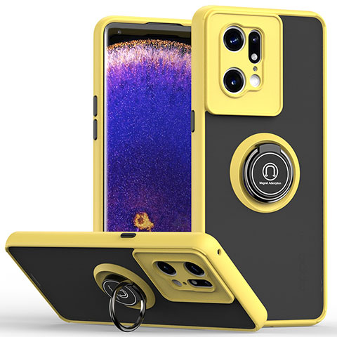 Funda Bumper Silicona y Plastico Mate Carcasa con Magnetico Anillo de dedo Soporte QW2 para Oppo Find X5 Pro 5G Amarillo