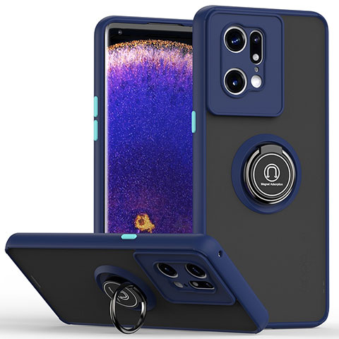 Funda Bumper Silicona y Plastico Mate Carcasa con Magnetico Anillo de dedo Soporte QW2 para Oppo Find X5 Pro 5G Azul