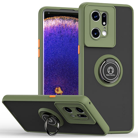 Funda Bumper Silicona y Plastico Mate Carcasa con Magnetico Anillo de dedo Soporte QW2 para Oppo Find X5 Pro 5G Ejercito Verde