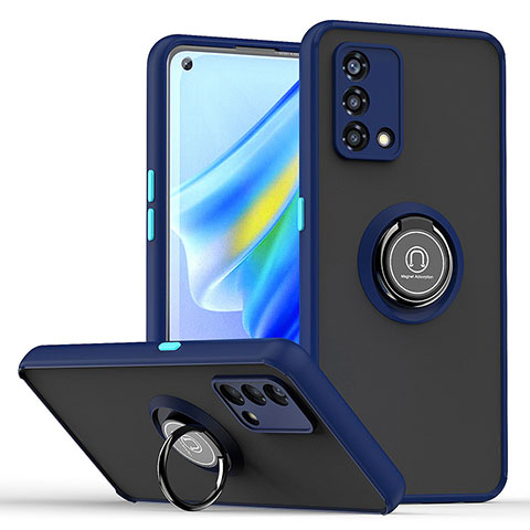 Funda Bumper Silicona y Plastico Mate Carcasa con Magnetico Anillo de dedo Soporte QW2 para Oppo Reno7 4G Azul