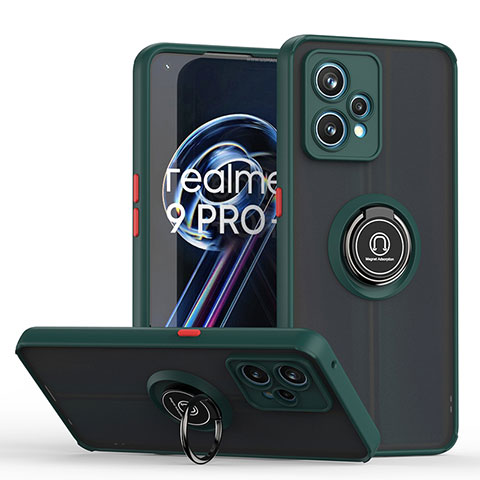 Funda Bumper Silicona y Plastico Mate Carcasa con Magnetico Anillo de dedo Soporte QW2 para Realme 9 Pro+ Plus 5G Verde Noche