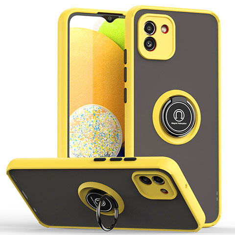 Funda Bumper Silicona y Plastico Mate Carcasa con Magnetico Anillo de dedo Soporte QW2 para Samsung Galaxy A03 Amarillo