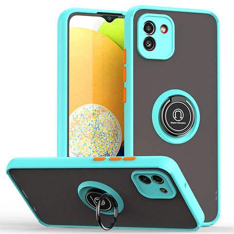 Funda Bumper Silicona y Plastico Mate Carcasa con Magnetico Anillo de dedo Soporte QW2 para Samsung Galaxy A03 Cian