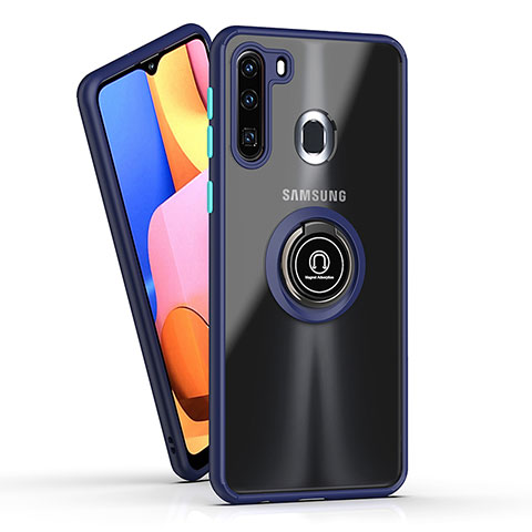 Funda Bumper Silicona y Plastico Mate Carcasa con Magnetico Anillo de dedo Soporte QW2 para Samsung Galaxy A21 European Azul