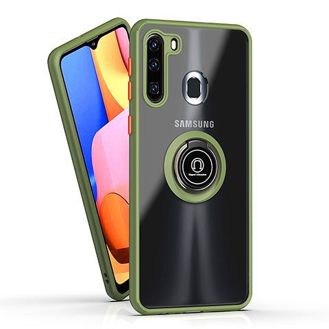 Funda Bumper Silicona y Plastico Mate Carcasa con Magnetico Anillo de dedo Soporte QW2 para Samsung Galaxy A21 European Ejercito Verde