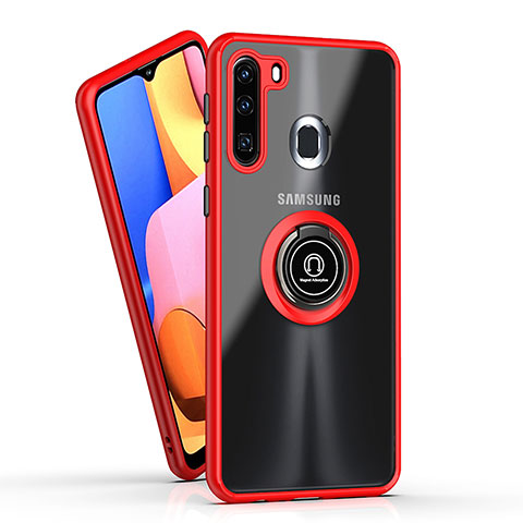 Funda Bumper Silicona y Plastico Mate Carcasa con Magnetico Anillo de dedo Soporte QW2 para Samsung Galaxy A21 European Rojo