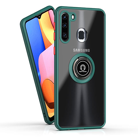 Funda Bumper Silicona y Plastico Mate Carcasa con Magnetico Anillo de dedo Soporte QW2 para Samsung Galaxy A21 European Verde Noche