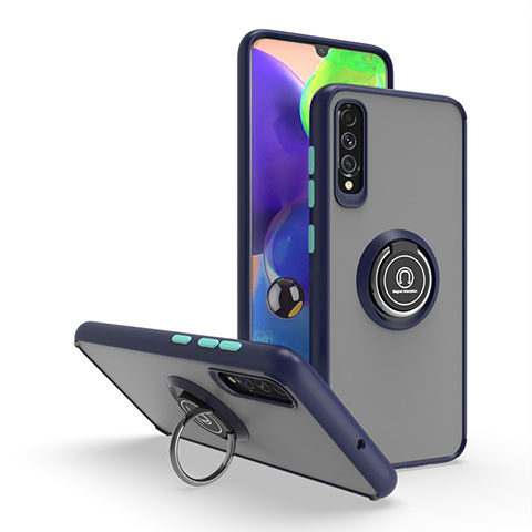 Funda Bumper Silicona y Plastico Mate Carcasa con Magnetico Anillo de dedo Soporte QW2 para Samsung Galaxy A70 Azul