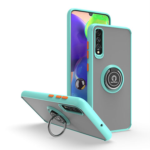 Funda Bumper Silicona y Plastico Mate Carcasa con Magnetico Anillo de dedo Soporte QW2 para Samsung Galaxy A70 Cian