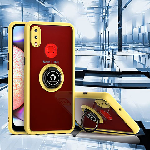 Funda Bumper Silicona y Plastico Mate Carcasa con Magnetico Anillo de dedo Soporte QW2 para Samsung Galaxy M01s Amarillo