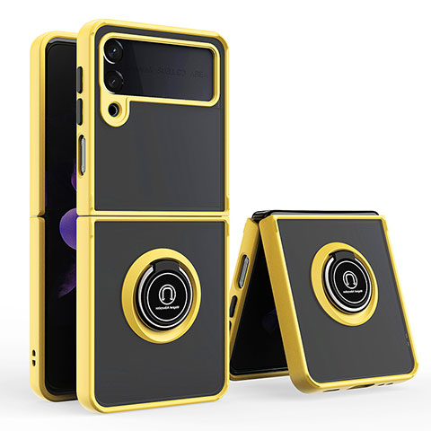 Funda Bumper Silicona y Plastico Mate Carcasa con Magnetico Anillo de dedo Soporte QW2 para Samsung Galaxy Z Flip4 5G Amarillo