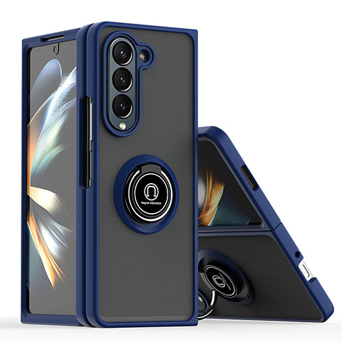 Funda Bumper Silicona y Plastico Mate Carcasa con Magnetico Anillo de dedo Soporte QW2 para Samsung Galaxy Z Fold5 5G Azul