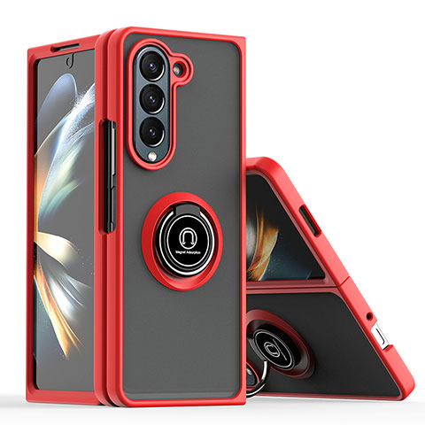 Funda Bumper Silicona y Plastico Mate Carcasa con Magnetico Anillo de dedo Soporte QW2 para Samsung Galaxy Z Fold5 5G Rojo