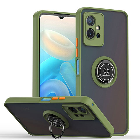 Funda Bumper Silicona y Plastico Mate Carcasa con Magnetico Anillo de dedo Soporte QW2 para Vivo T1 5G India Ejercito Verde