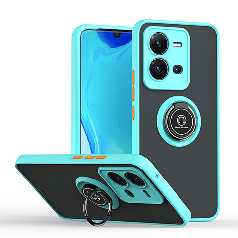 Funda Bumper Silicona y Plastico Mate Carcasa con Magnetico Anillo de dedo Soporte QW2 para Vivo X80 Lite 5G Cian