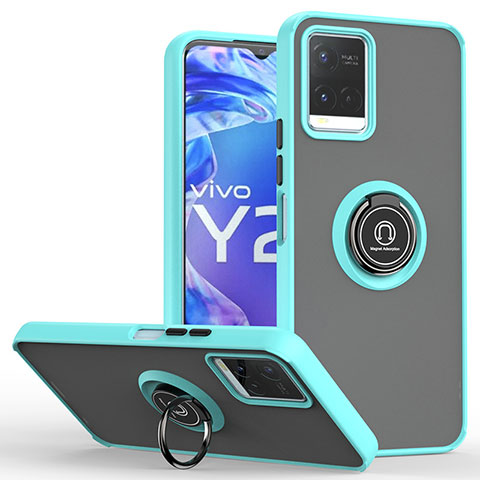 Funda Bumper Silicona y Plastico Mate Carcasa con Magnetico Anillo de dedo Soporte QW2 para Vivo Y33s Cian