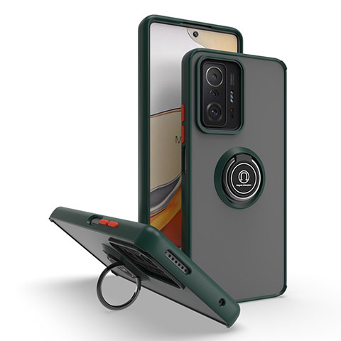 Funda Bumper Silicona y Plastico Mate Carcasa con Magnetico Anillo de dedo Soporte QW2 para Xiaomi Mi 11T 5G Verde Noche