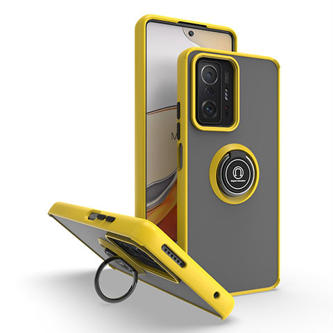 Funda Bumper Silicona y Plastico Mate Carcasa con Magnetico Anillo de dedo Soporte QW2 para Xiaomi Mi 11T Pro 5G Amarillo