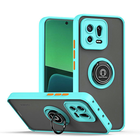 Funda Bumper Silicona y Plastico Mate Carcasa con Magnetico Anillo de dedo Soporte QW2 para Xiaomi Mi 13 Pro 5G Cian