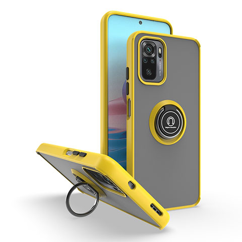 Funda Bumper Silicona y Plastico Mate Carcasa con Magnetico Anillo de dedo Soporte QW2 para Xiaomi Poco M5S Amarillo