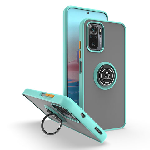 Funda Bumper Silicona y Plastico Mate Carcasa con Magnetico Anillo de dedo Soporte QW2 para Xiaomi Poco M5S Cian