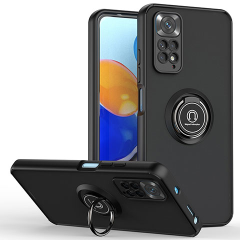 Funda Bumper Silicona y Plastico Mate Carcasa con Magnetico Anillo de dedo Soporte QW2 para Xiaomi Redmi Note 11 Pro 5G Negro