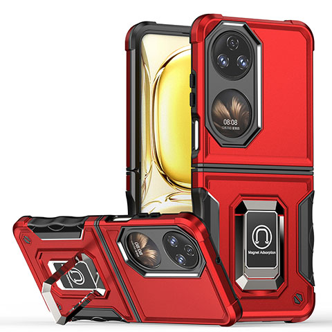 Funda Bumper Silicona y Plastico Mate Carcasa con Magnetico Anillo de dedo Soporte QW3 para Huawei P60 Pocket Rojo