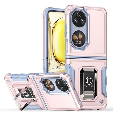 Funda Bumper Silicona y Plastico Mate Carcasa con Magnetico Anillo de dedo Soporte QW3 para Huawei Pocket S Oro Rosa