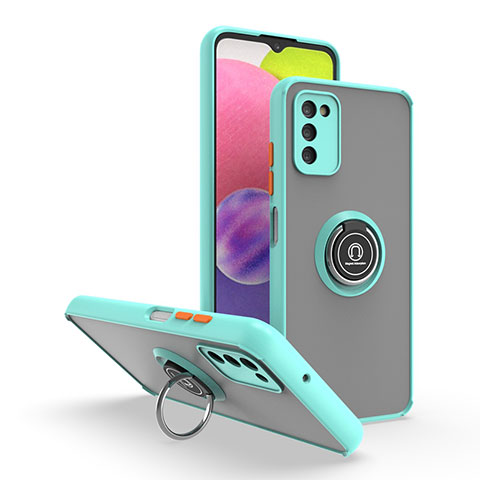 Funda Bumper Silicona y Plastico Mate Carcasa con Magnetico Anillo de dedo Soporte QW3 para Samsung Galaxy A03s Cian