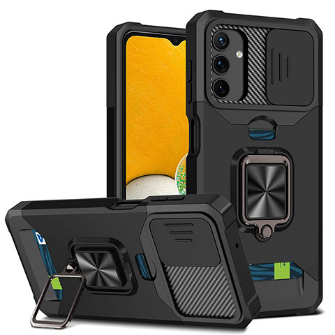 Funda Bumper Silicona y Plastico Mate Carcasa con Magnetico Anillo de dedo Soporte QW3 para Samsung Galaxy A04s Negro