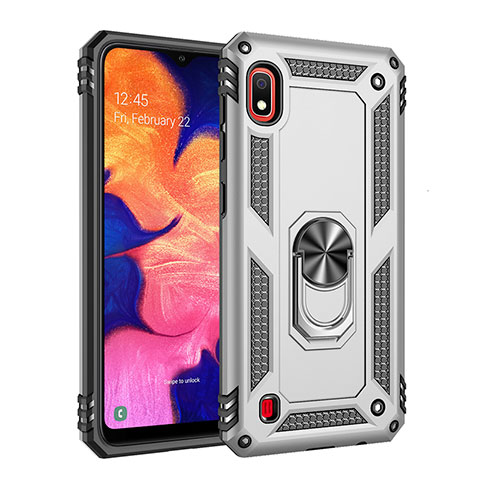 Funda Bumper Silicona y Plastico Mate Carcasa con Magnetico Anillo de dedo Soporte QW3 para Samsung Galaxy A10 Plata