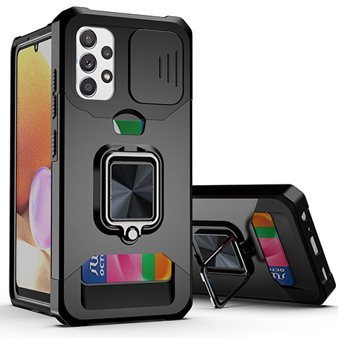 Funda Bumper Silicona y Plastico Mate Carcasa con Magnetico Anillo de dedo Soporte QW3 para Samsung Galaxy A32 4G Negro