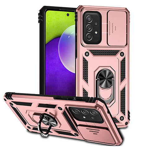 Funda Bumper Silicona y Plastico Mate Carcasa con Magnetico Anillo de dedo Soporte QW3 para Samsung Galaxy A73 5G Oro Rosa