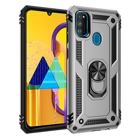 Funda Bumper Silicona y Plastico Mate Carcasa con Magnetico Anillo de dedo Soporte QW3 para Samsung Galaxy M30s Plata