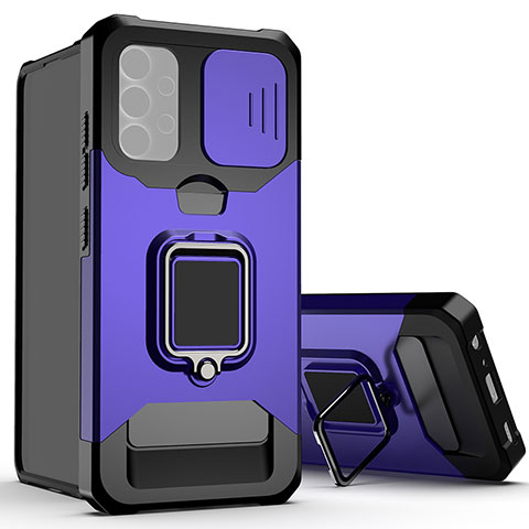 Funda Bumper Silicona y Plastico Mate Carcasa con Magnetico Anillo de dedo Soporte QW3 para Samsung Galaxy M32 5G Morado