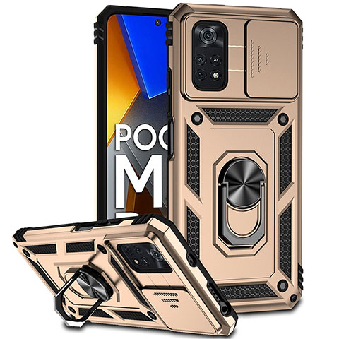 Funda Bumper Silicona y Plastico Mate Carcasa con Magnetico Anillo de dedo Soporte QW3 para Xiaomi Poco M4 Pro 4G Oro