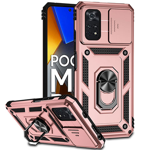 Funda Bumper Silicona y Plastico Mate Carcasa con Magnetico Anillo de dedo Soporte QW3 para Xiaomi Poco M4 Pro 4G Oro Rosa