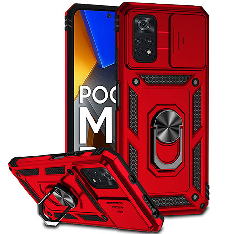 Funda Bumper Silicona y Plastico Mate Carcasa con Magnetico Anillo de dedo Soporte QW3 para Xiaomi Poco M4 Pro 4G Rojo