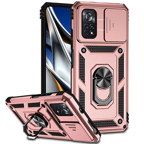 Funda Bumper Silicona y Plastico Mate Carcasa con Magnetico Anillo de dedo Soporte QW3 para Xiaomi Poco X4 Pro 5G Oro Rosa