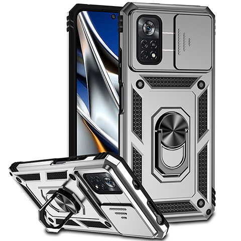 Funda Bumper Silicona y Plastico Mate Carcasa con Magnetico Anillo de dedo Soporte QW3 para Xiaomi Poco X4 Pro 5G Plata