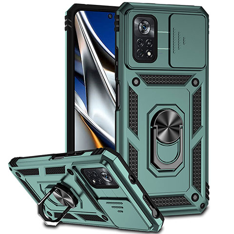 Funda Bumper Silicona y Plastico Mate Carcasa con Magnetico Anillo de dedo Soporte QW3 para Xiaomi Poco X4 Pro 5G Verde