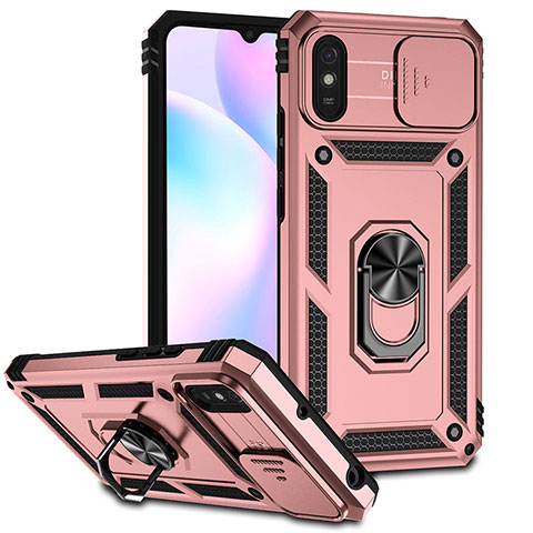 Funda Bumper Silicona y Plastico Mate Carcasa con Magnetico Anillo de dedo Soporte QW3 para Xiaomi Redmi 9A Oro Rosa