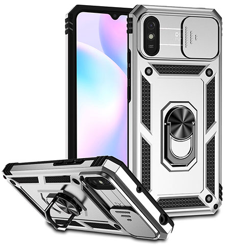 Funda Bumper Silicona y Plastico Mate Carcasa con Magnetico Anillo de dedo Soporte QW3 para Xiaomi Redmi 9A Plata