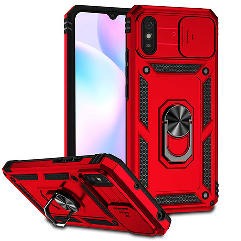 Funda Bumper Silicona y Plastico Mate Carcasa con Magnetico Anillo de dedo Soporte QW3 para Xiaomi Redmi 9A Rojo