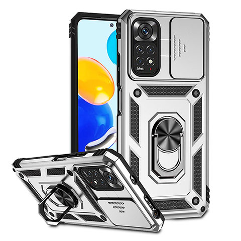 Funda Bumper Silicona y Plastico Mate Carcasa con Magnetico Anillo de dedo Soporte QW3 para Xiaomi Redmi Note 11S 4G Plata