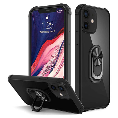 Funda Bumper Silicona y Plastico Mate Carcasa con Magnetico Anillo de dedo Soporte R01 para Apple iPhone 12 Mini Negro