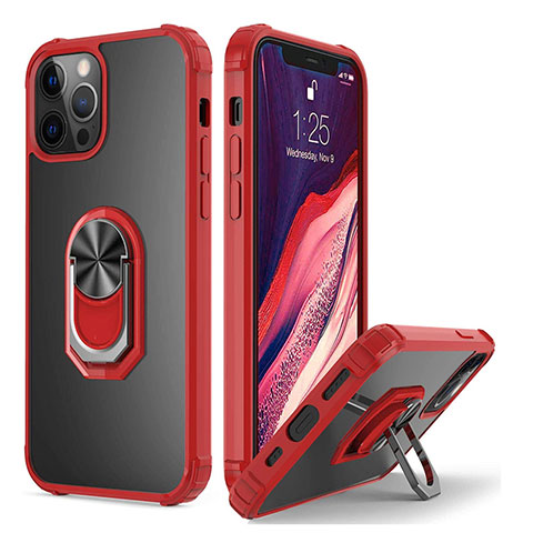 Funda Bumper Silicona y Plastico Mate Carcasa con Magnetico Anillo de dedo Soporte R01 para Apple iPhone 12 Pro Rojo