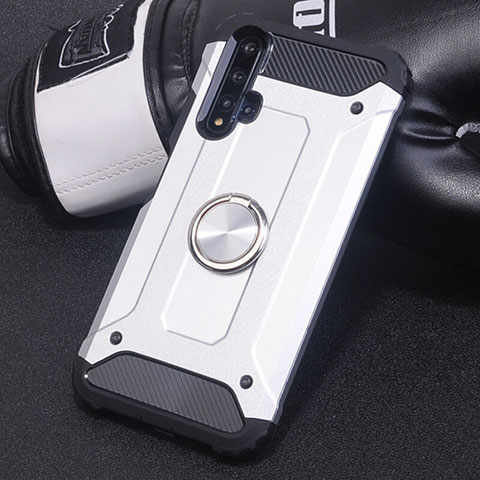 Funda Bumper Silicona y Plastico Mate Carcasa con Magnetico Anillo de dedo Soporte R01 para Huawei Nova 5 Pro Plata