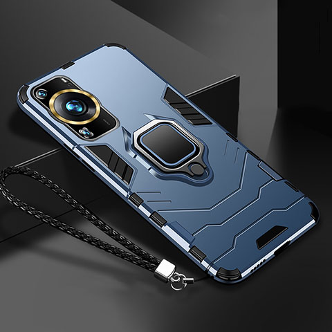 Funda Bumper Silicona y Plastico Mate Carcasa con Magnetico Anillo de dedo Soporte R01 para Huawei P60 Azul