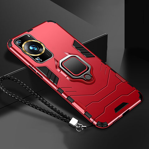 Funda Bumper Silicona y Plastico Mate Carcasa con Magnetico Anillo de dedo Soporte R01 para Huawei P60 Pro Rojo